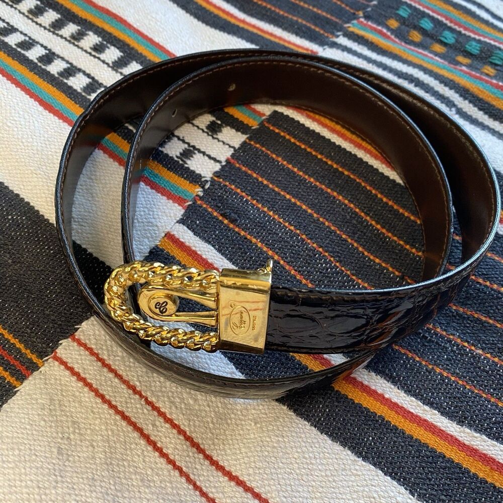 Vintage Caggiano 22k Gold Plated Leather Belt. Reversible. Push Center. Italy.